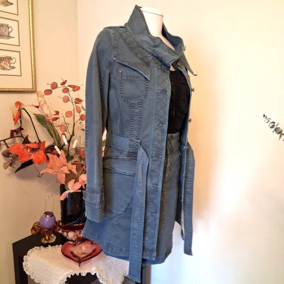 NWT I.AM.G Elegant Teal Blue Belted Stretch Cotton Chic Denim Trench Coat 38 - Picture 10 of 11